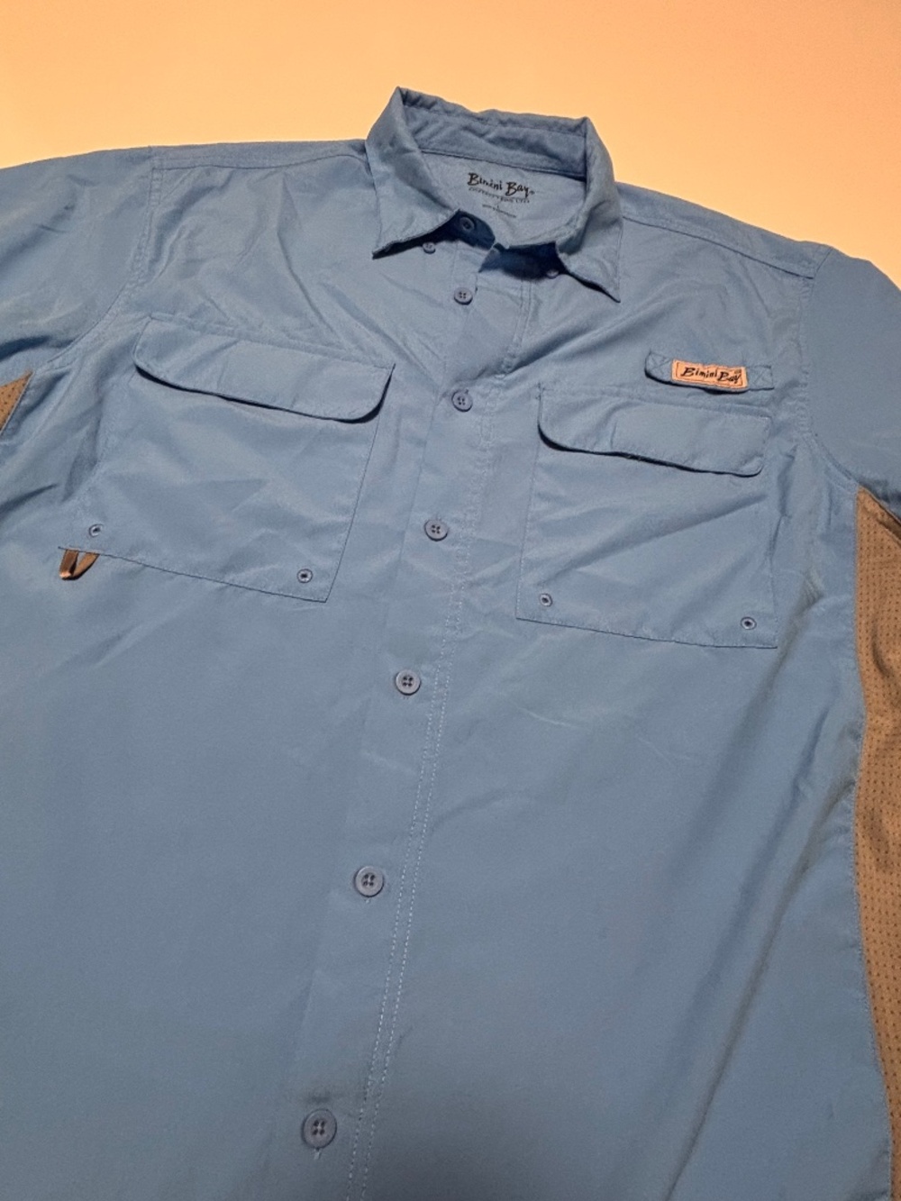 Mens Bimini Bay Blue and Gray Button Down Fishing Dress Shirt Size Large